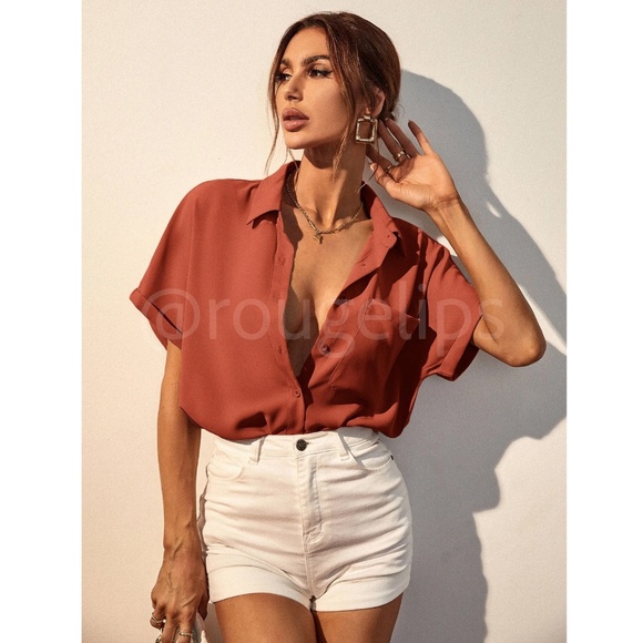 Burnt Orange Casual Button Up / Down Shirt Collar, V-Neck Button Front - Picture 2 of 15